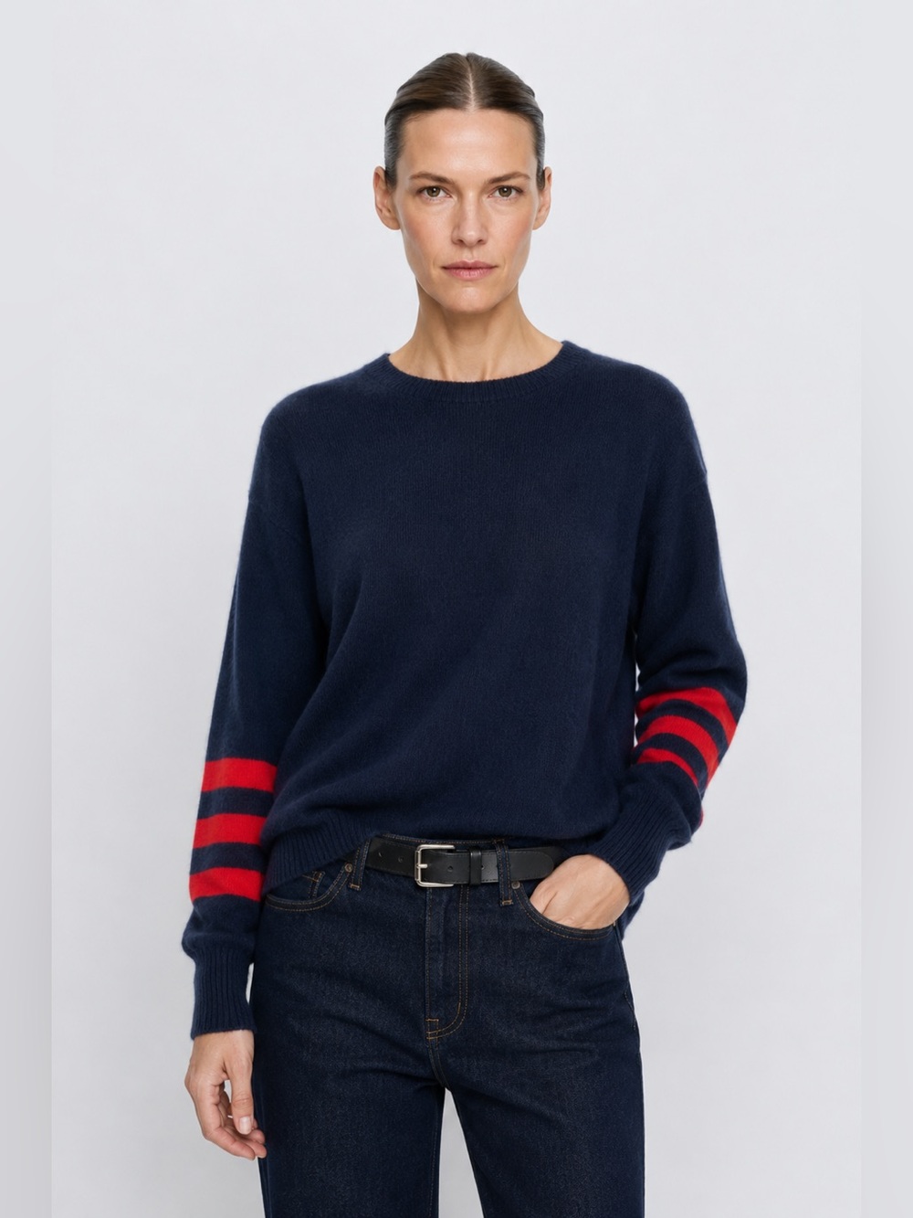27 Miles 100% Cashmere Navy Stripe Sleeve Sweater | Large